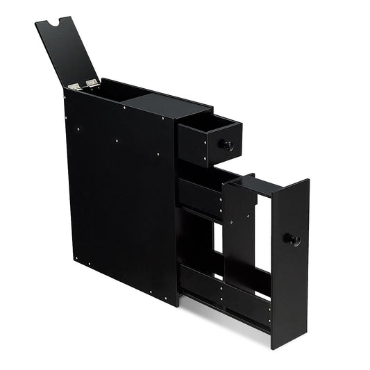 Narrow niche shelf with drawers bathroom cabinet made of wood side cabinet black