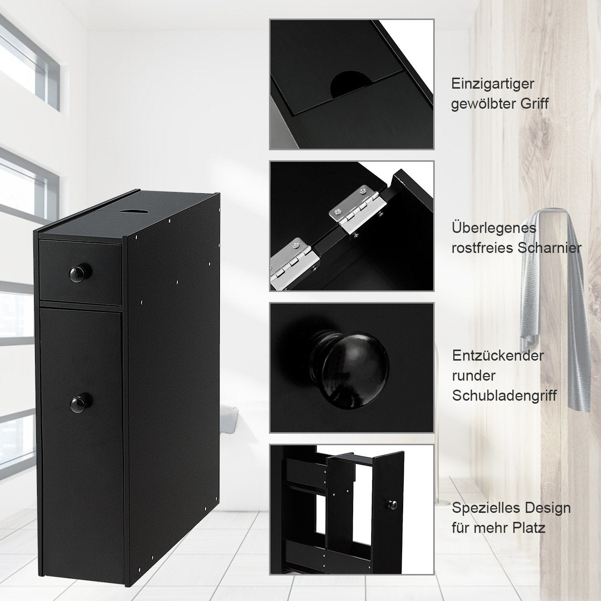 Narrow niche shelf with drawers bathroom cabinet made of wood side cabinet black