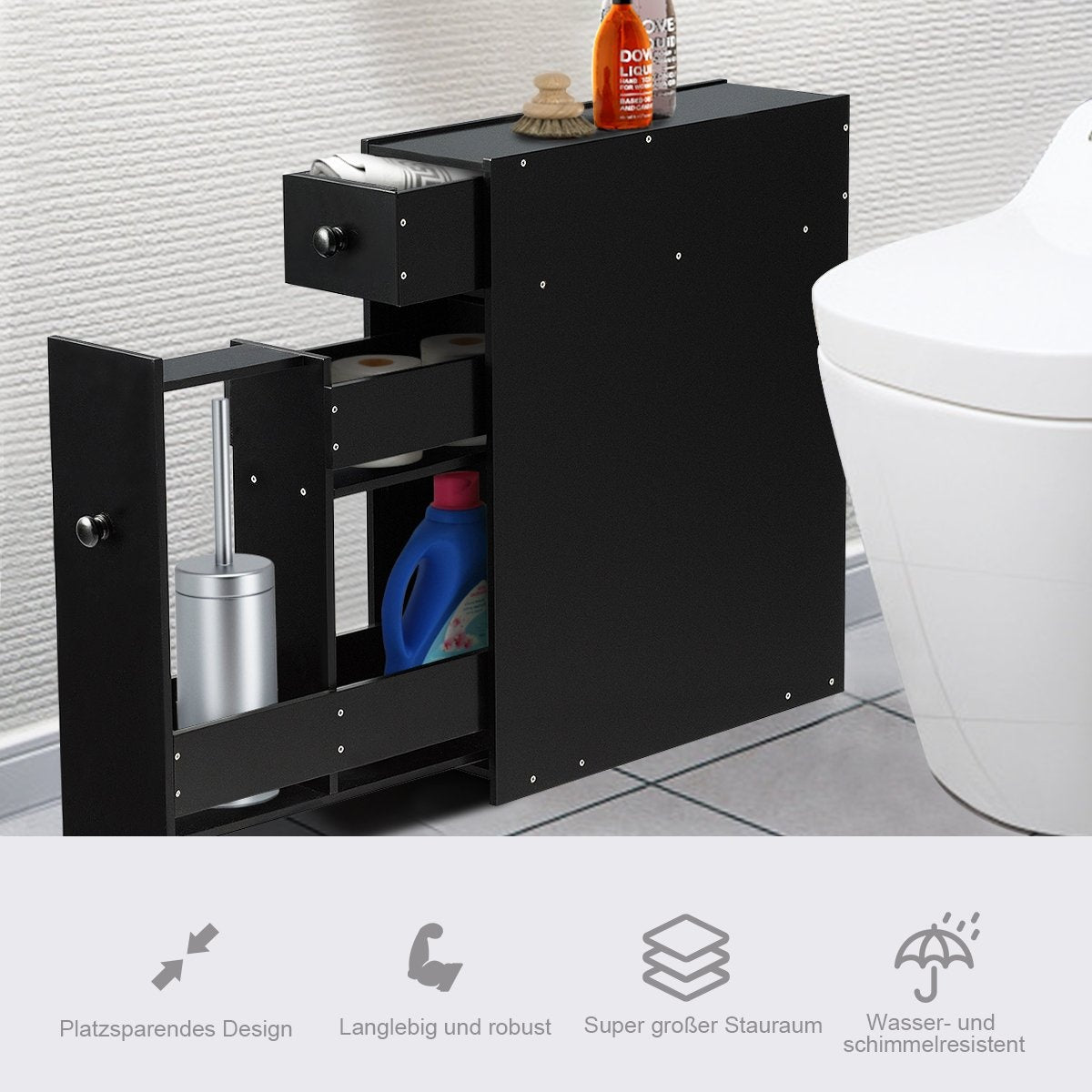 Narrow niche shelf with drawers bathroom cabinet made of wood side cabinet black