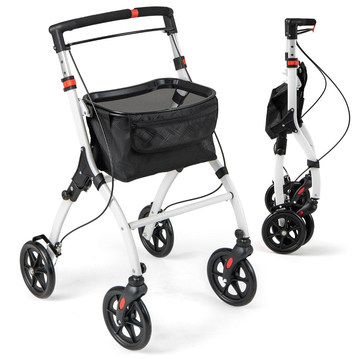 Narrow rollator with 5-way height adjustment & tray & 4 wheels & brakes walking aid
