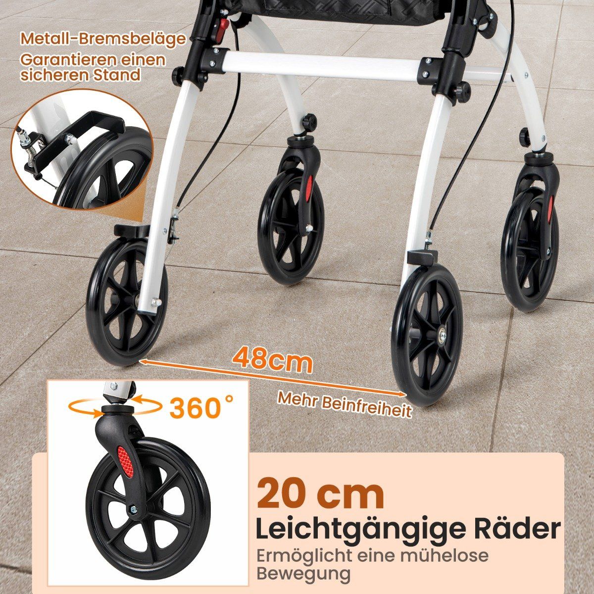 Narrow rollator with 5-way height adjustment & tray & 4 wheels & brakes walking aid