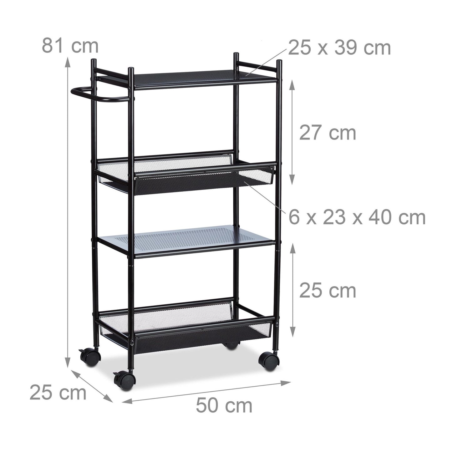 Narrow rolling shelf with 4 shelves