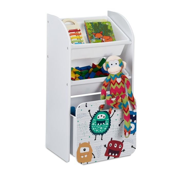 Narrow toy storage unit with monsters