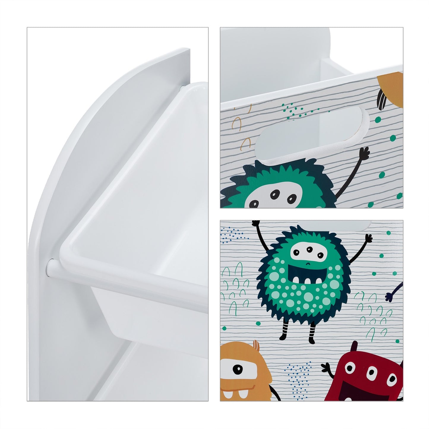 Narrow toy storage unit with monsters