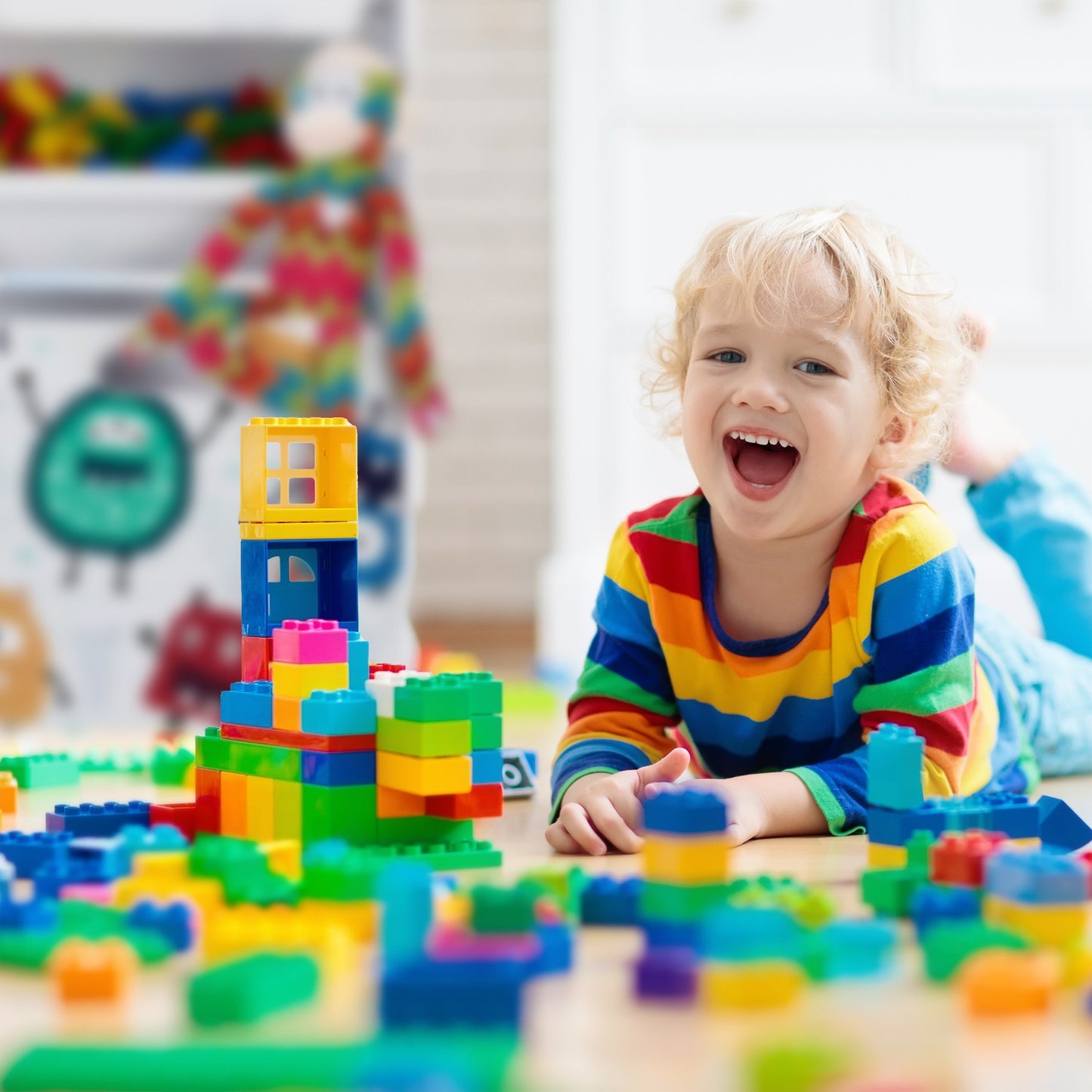Narrow toy storage unit with monsters