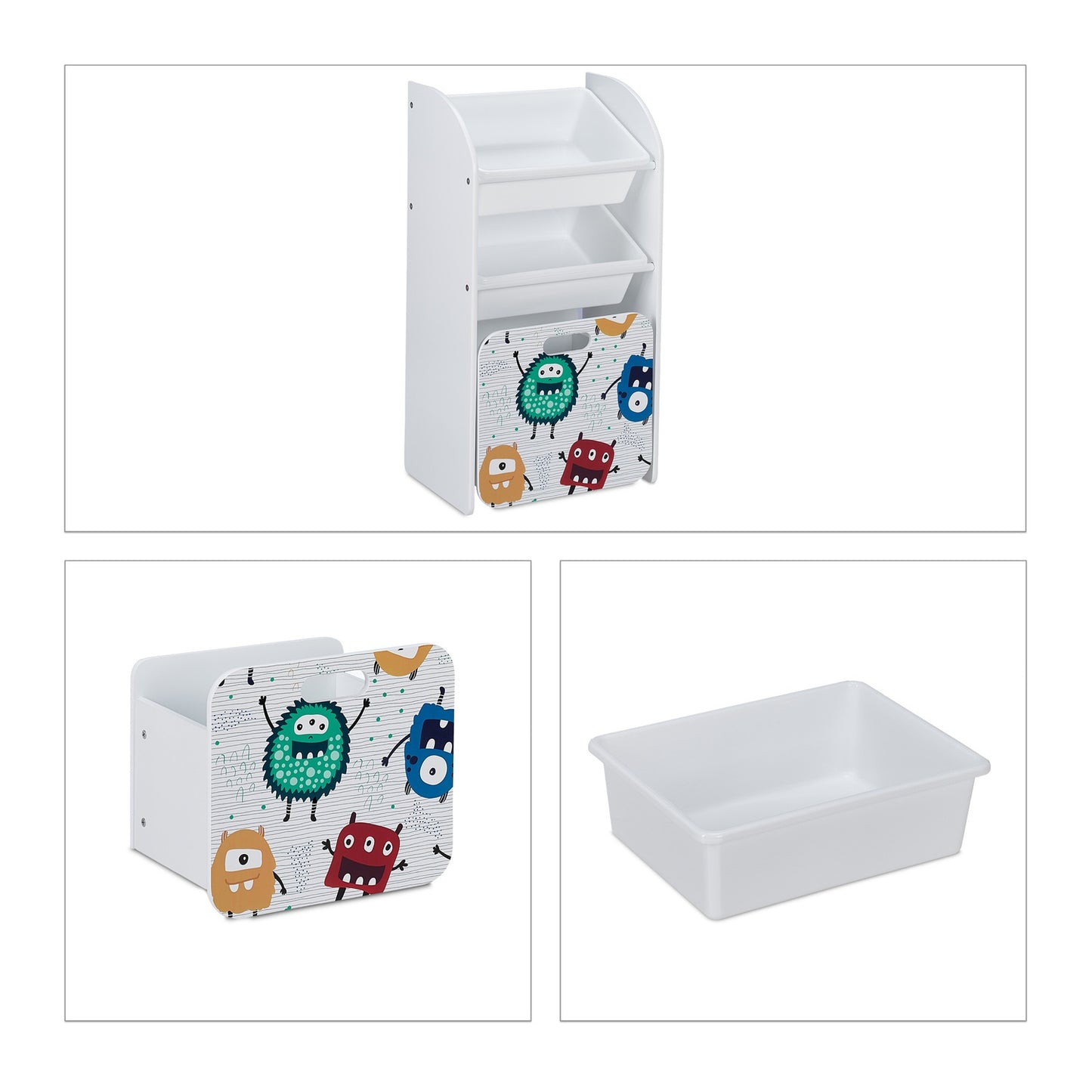 Narrow toy storage unit with monsters