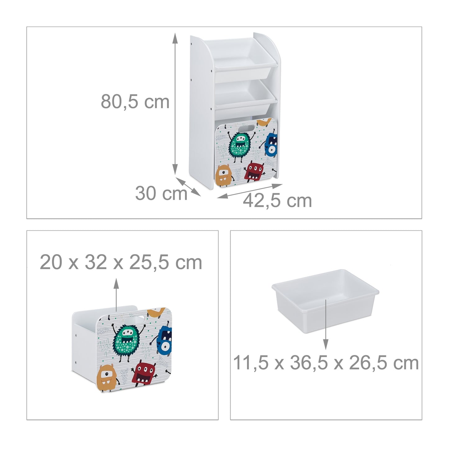 Narrow toy storage unit with monsters