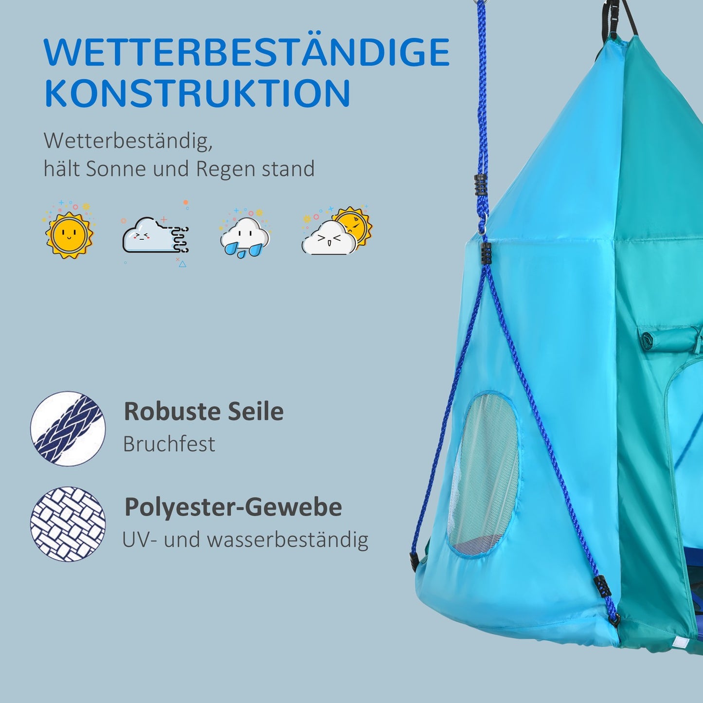 Children's swing with tent, adjustable, waterproof, blue-green