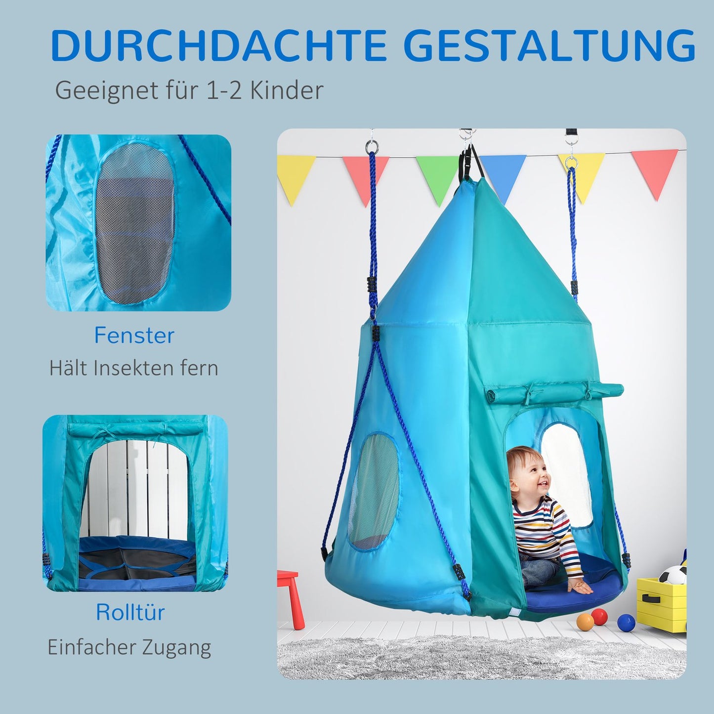Children's swing with tent, adjustable, waterproof, blue-green