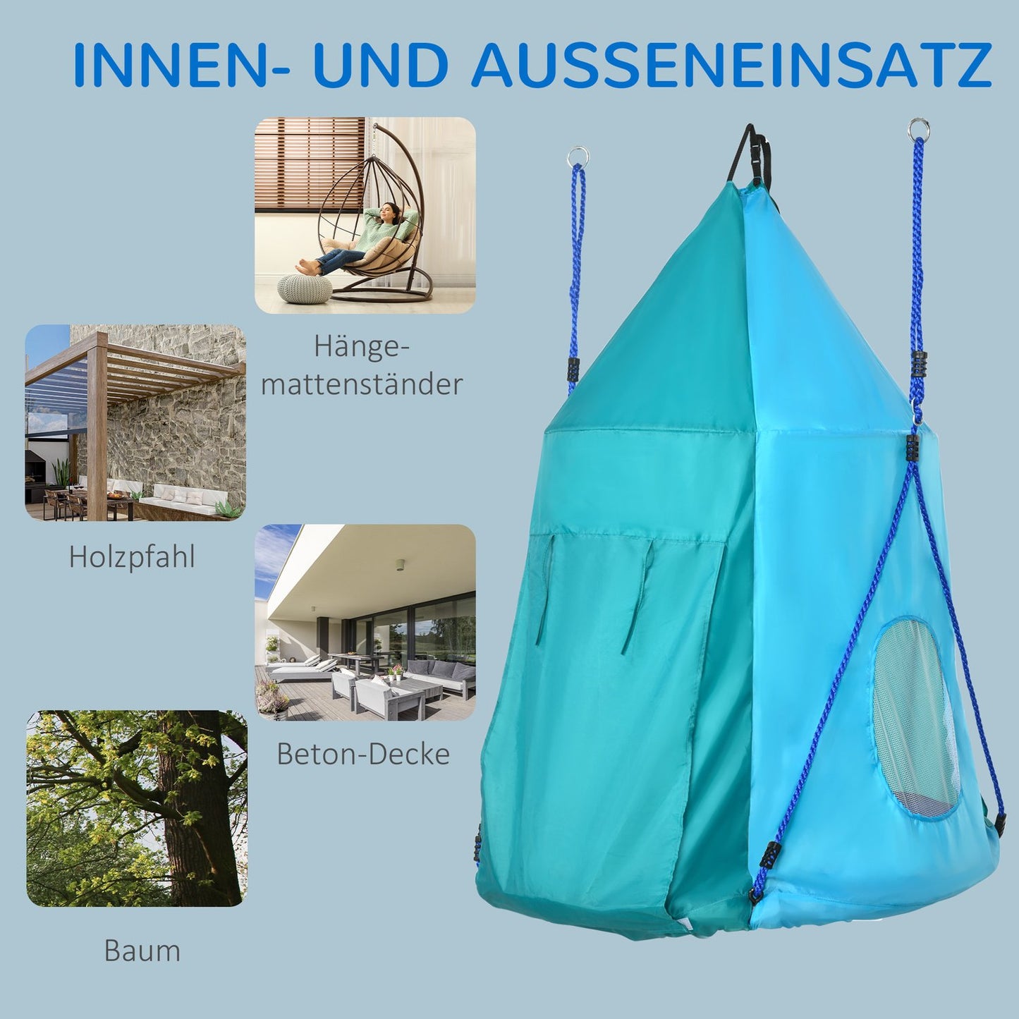Children's swing with tent, adjustable, waterproof, blue-green