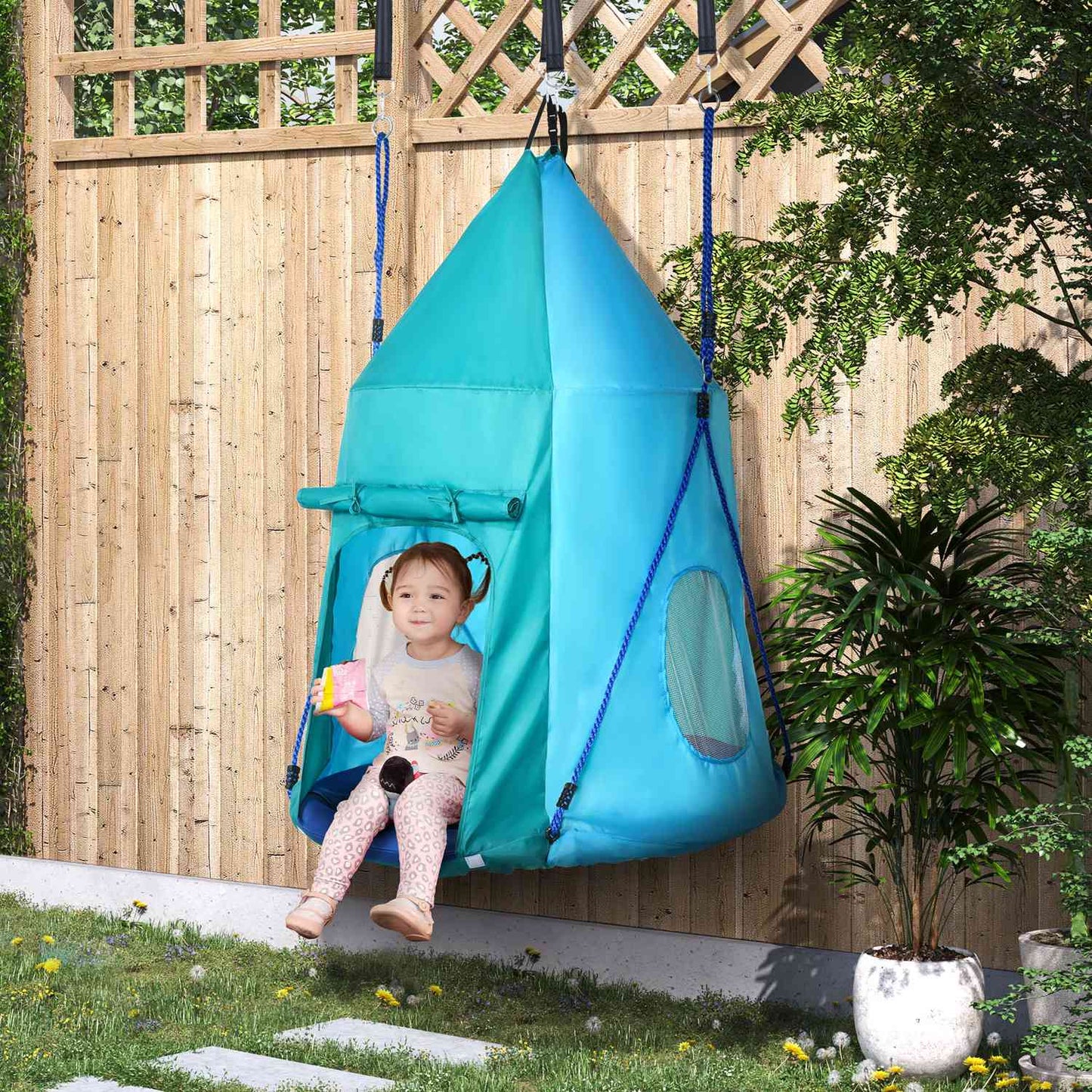 Children's swing with tent, adjustable, waterproof, blue-green