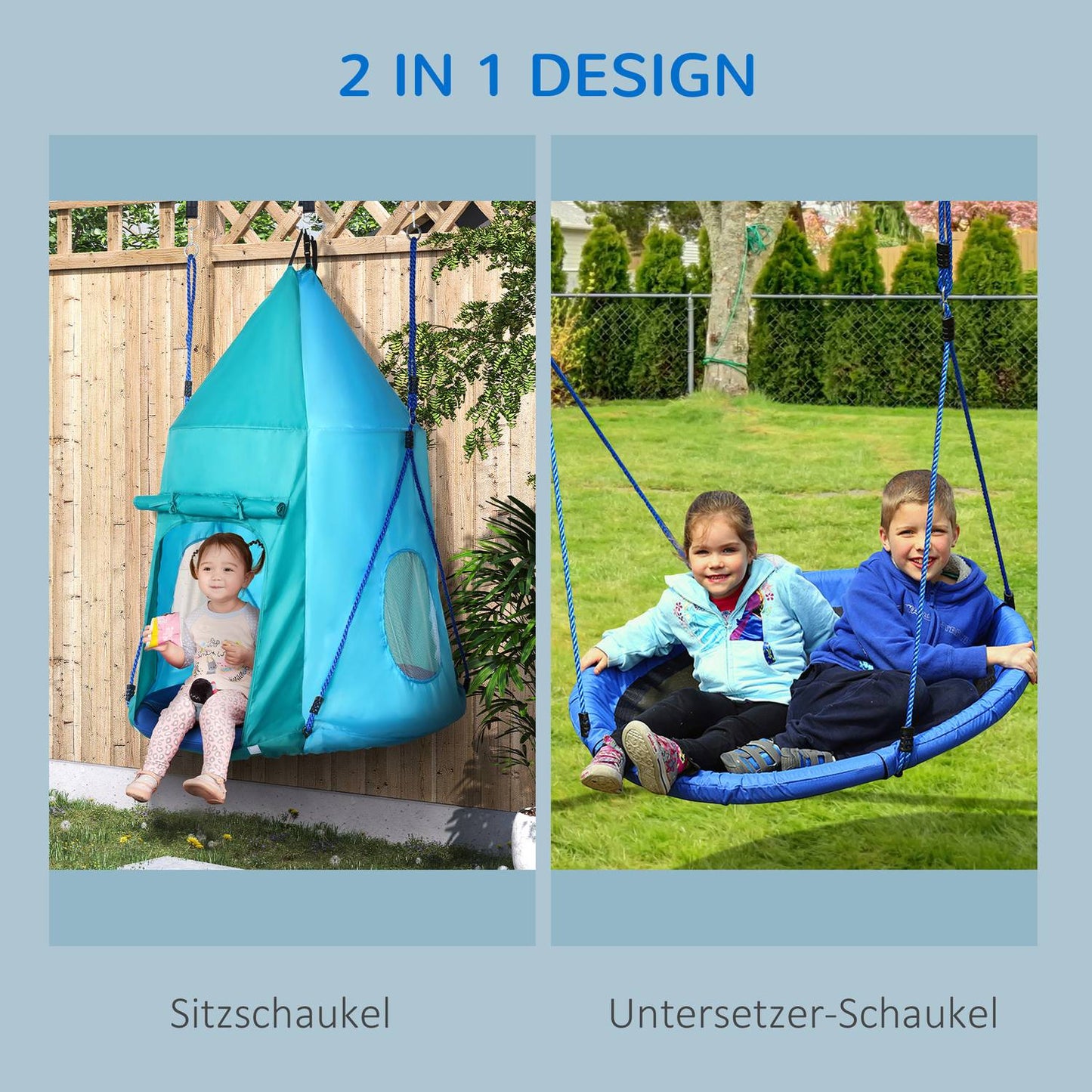 Children's swing with tent, adjustable, waterproof, blue-green