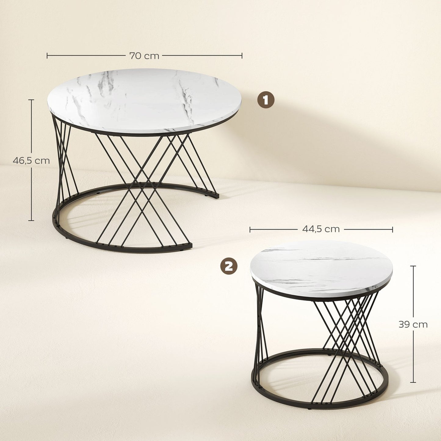 Nestable Coffee Table Set, Marble Look, White, 2-Piece