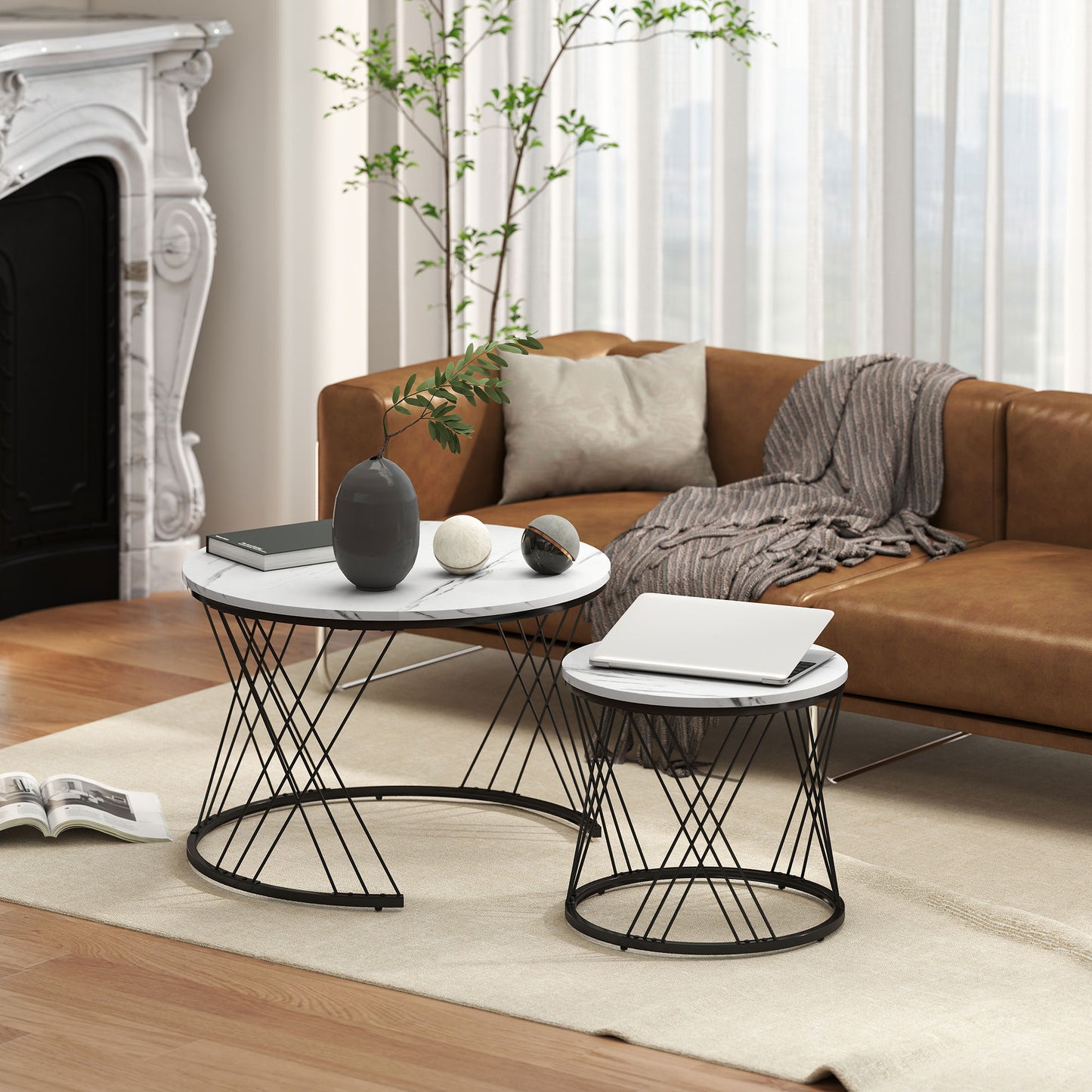 Nestable Coffee Table Set, Marble Look, White, 2-Piece
