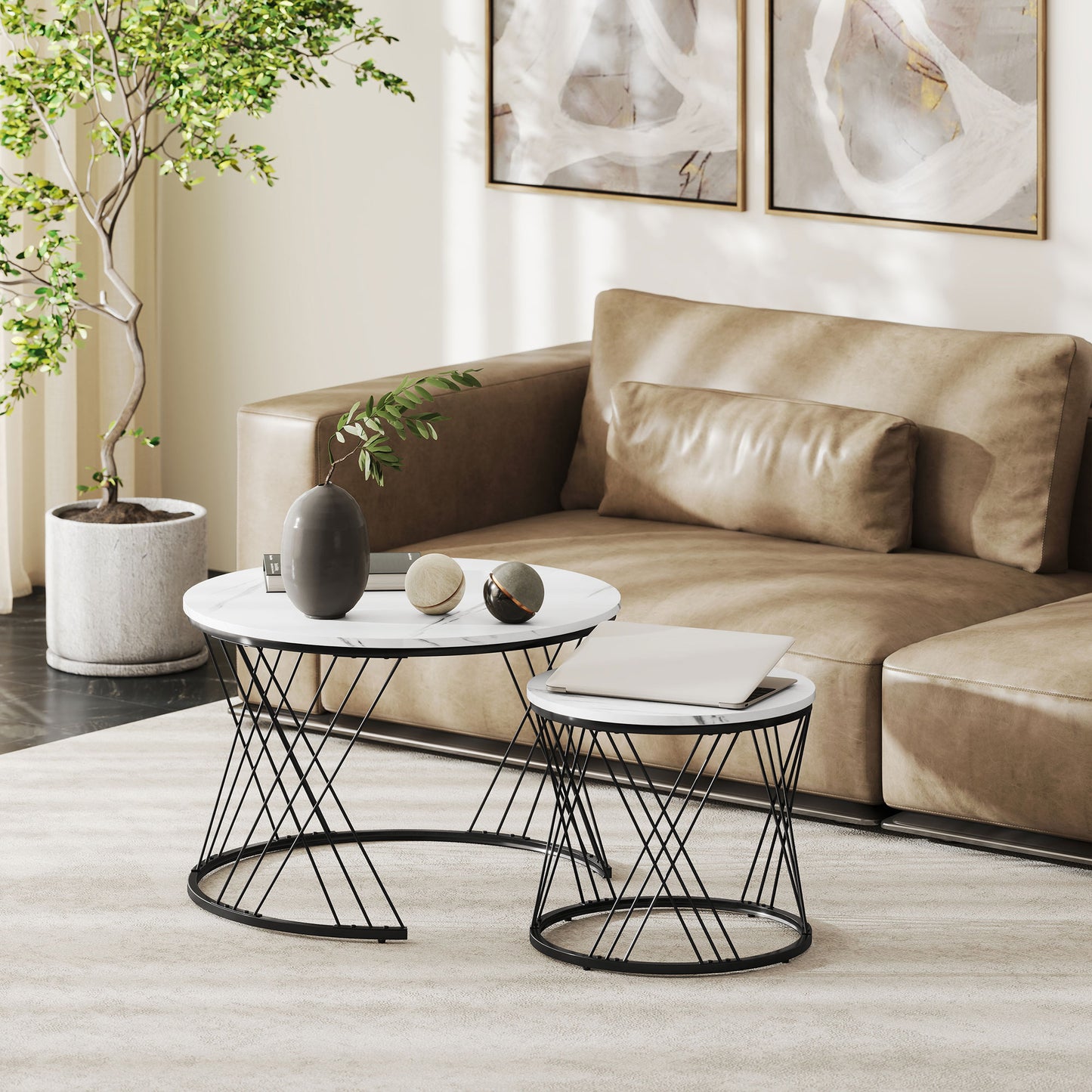 Nestable Coffee Table Set, Marble Look, White, 2-Piece