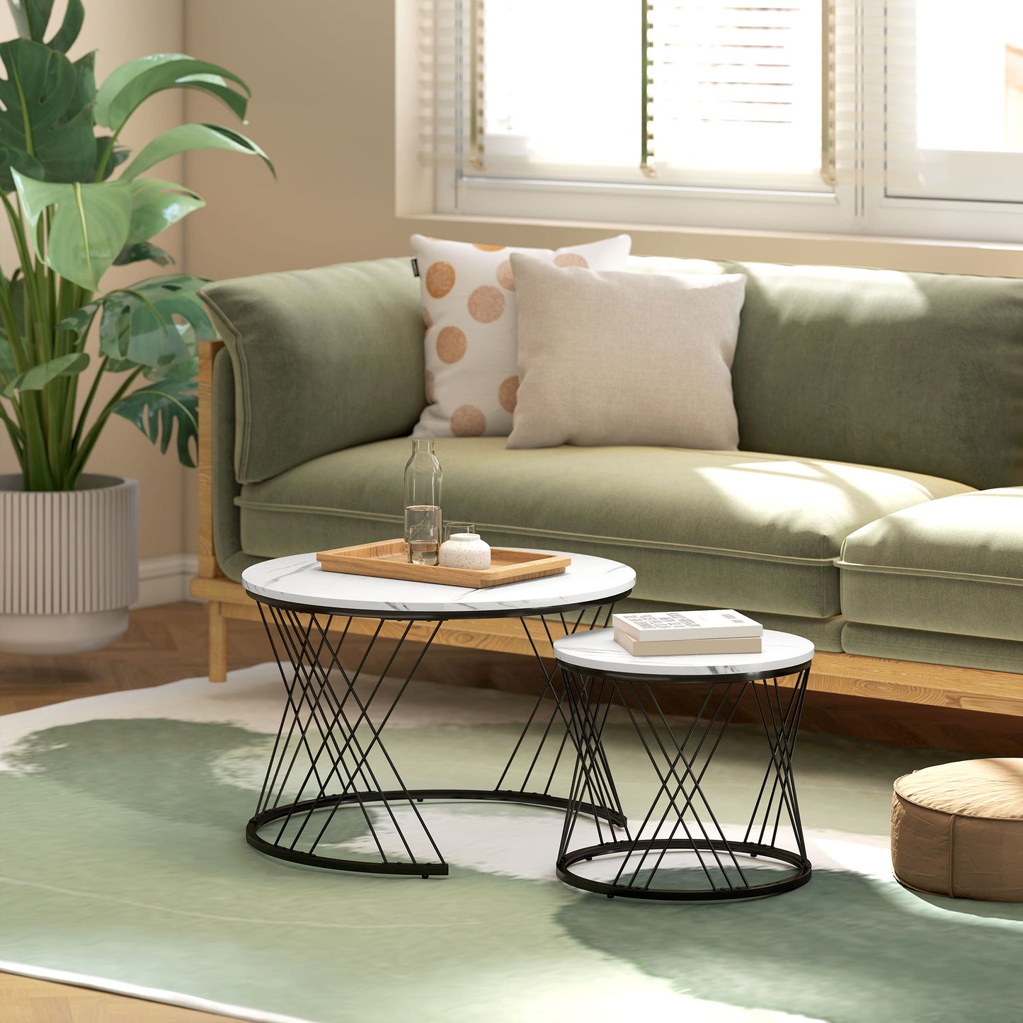 Nestable Coffee Table Set, Marble Look, White, 2-Piece