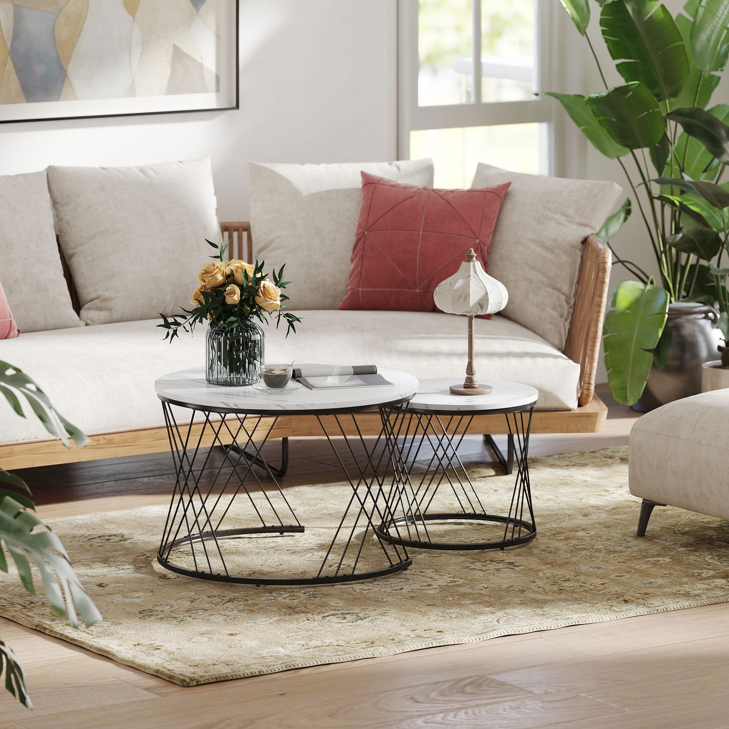 Nestable Coffee Table Set, Marble Look, White, 2-Piece
