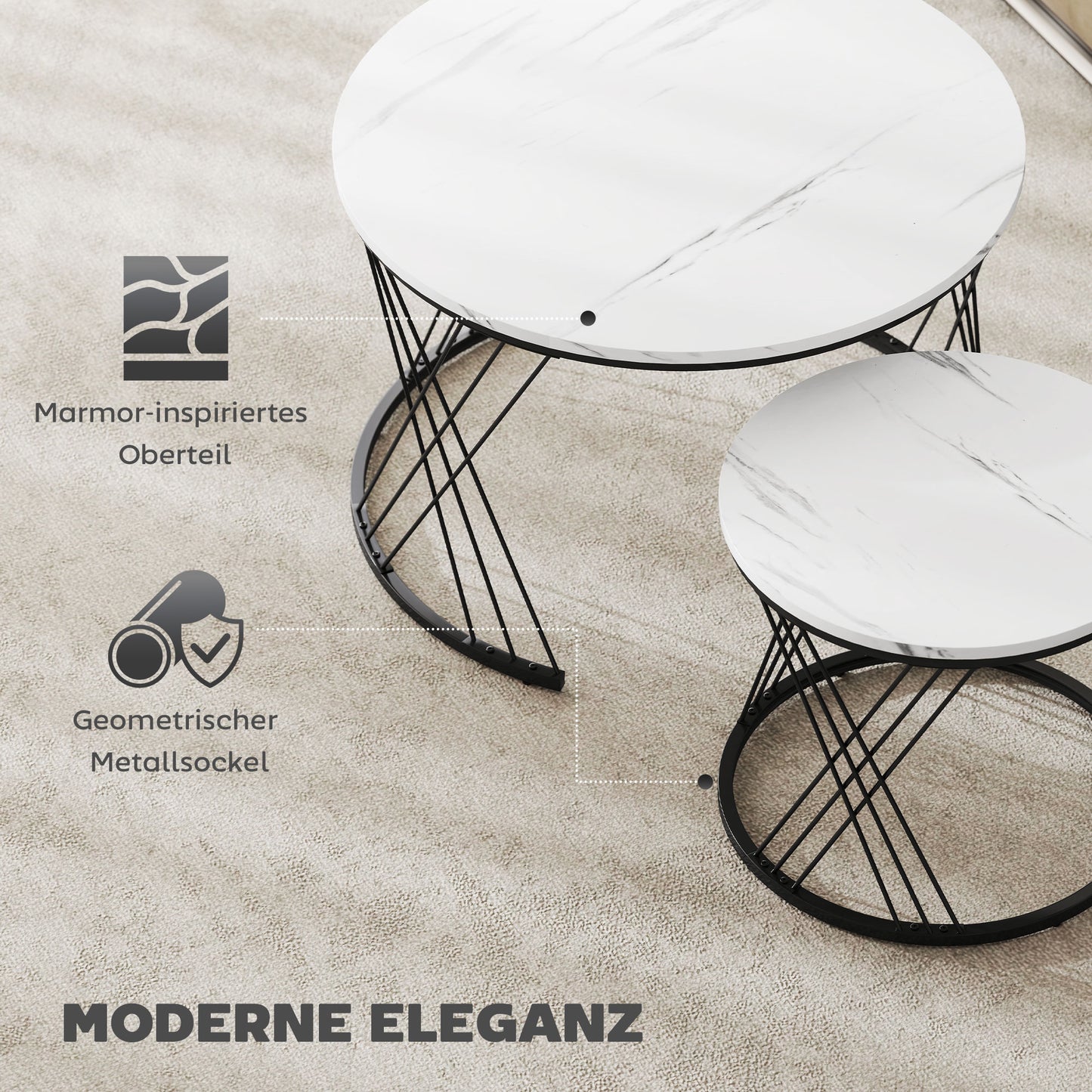 Nestable Coffee Table Set, Marble Look, White, 2-Piece