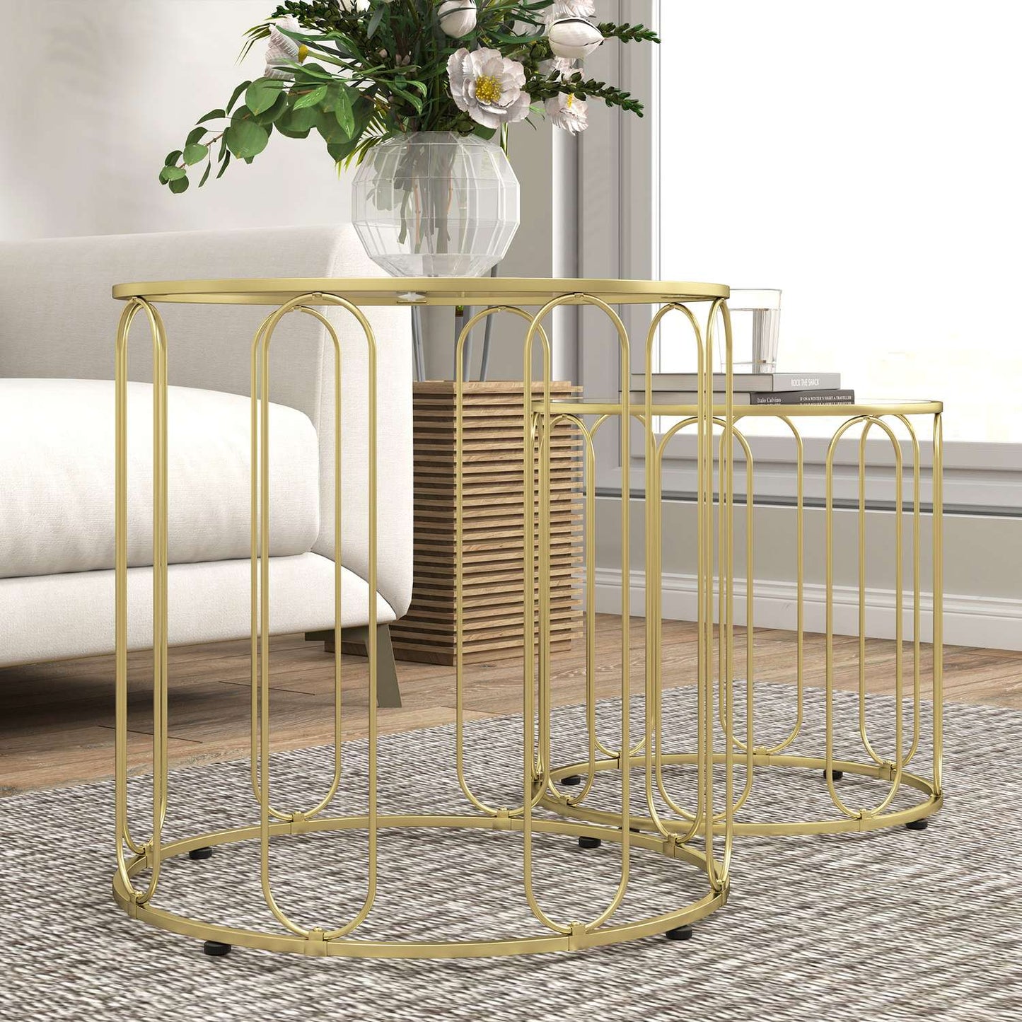 Nested Round Coffee Tables, Metal Frame, Glass Top