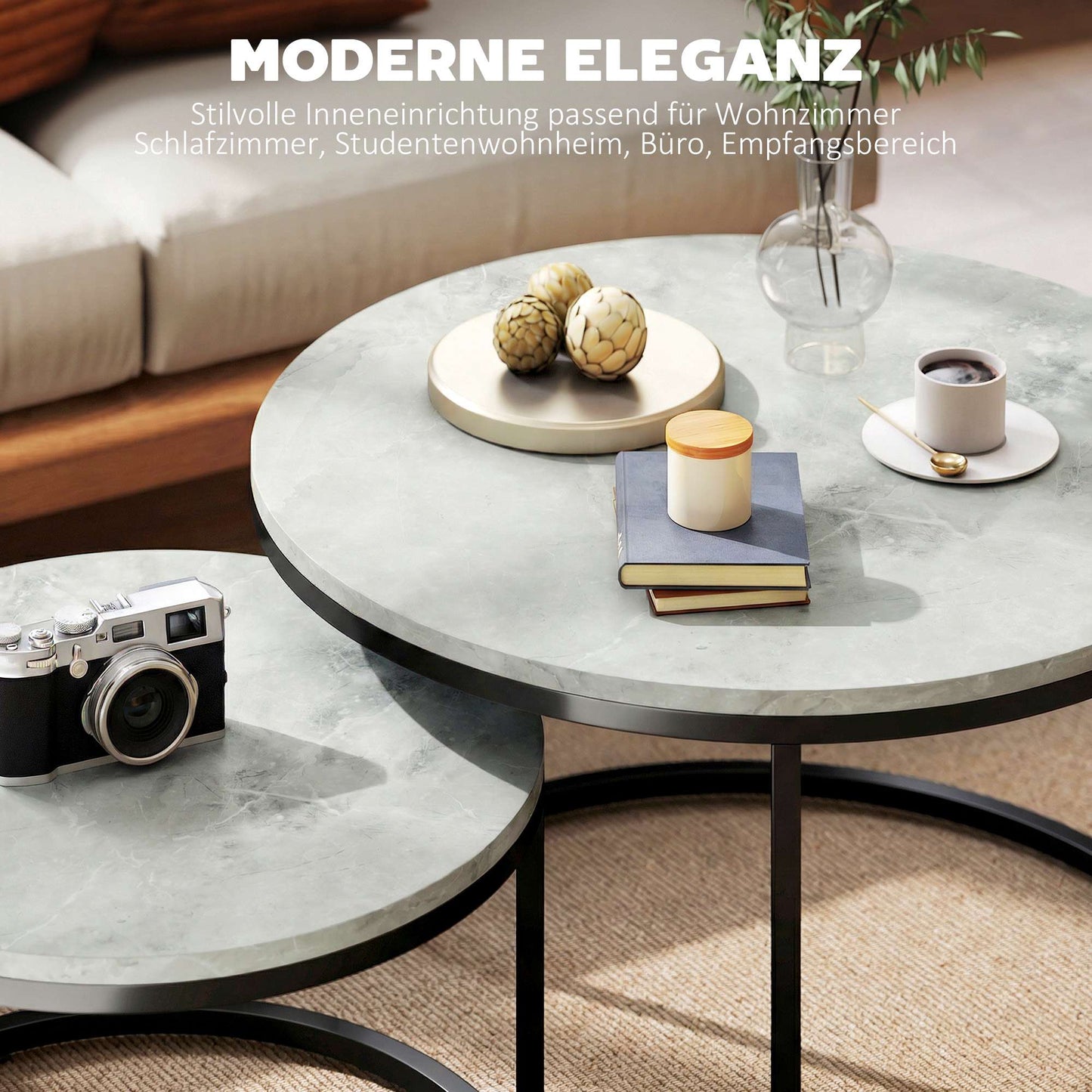 Nesting Coffee Table Set, Marble Look, Metal Frame, 2-Piece