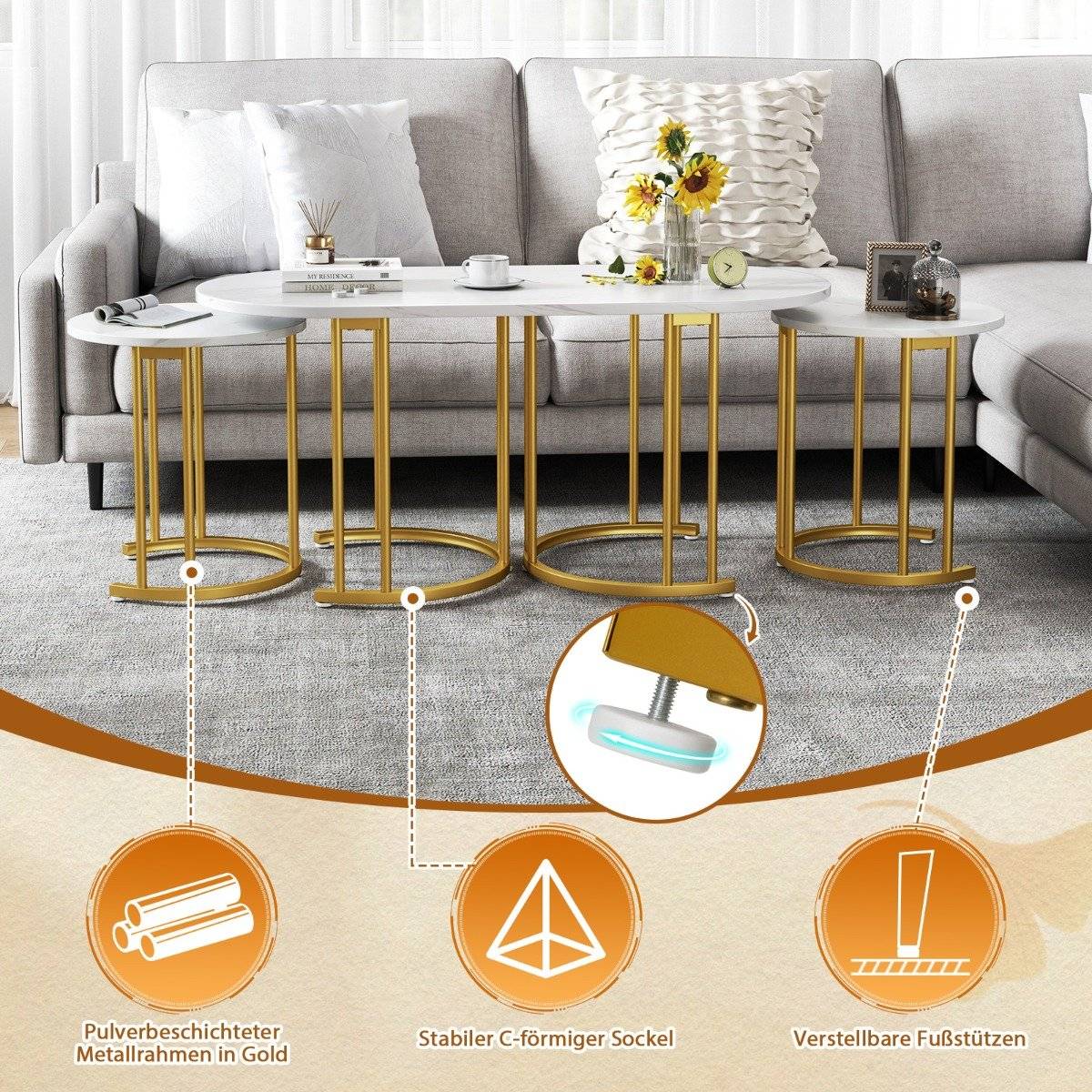 Nesting Coffee Table Set – Oval & Round Faux Marble Tables