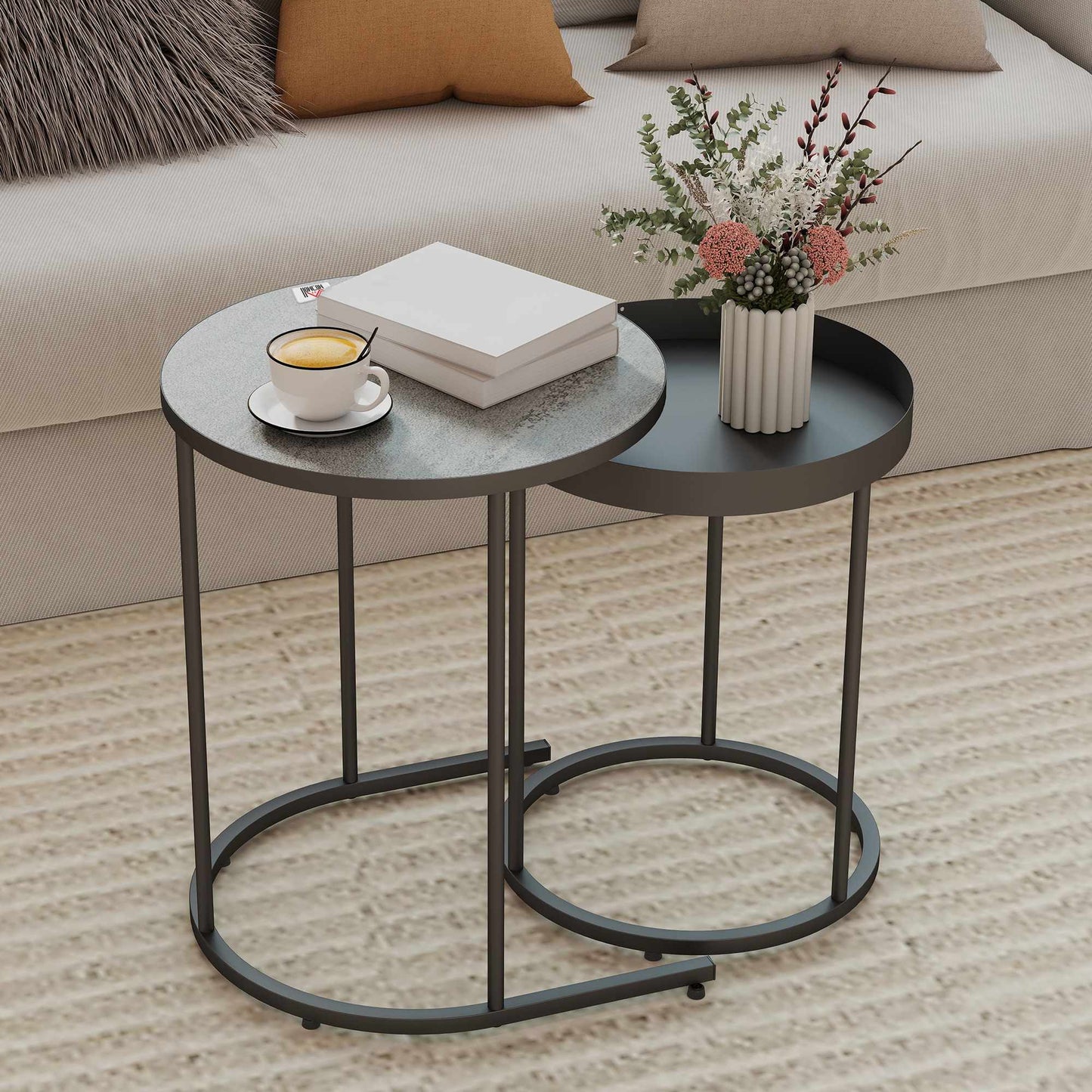 Nesting Coffee Tables Set, Metal Tray Design, Gray
