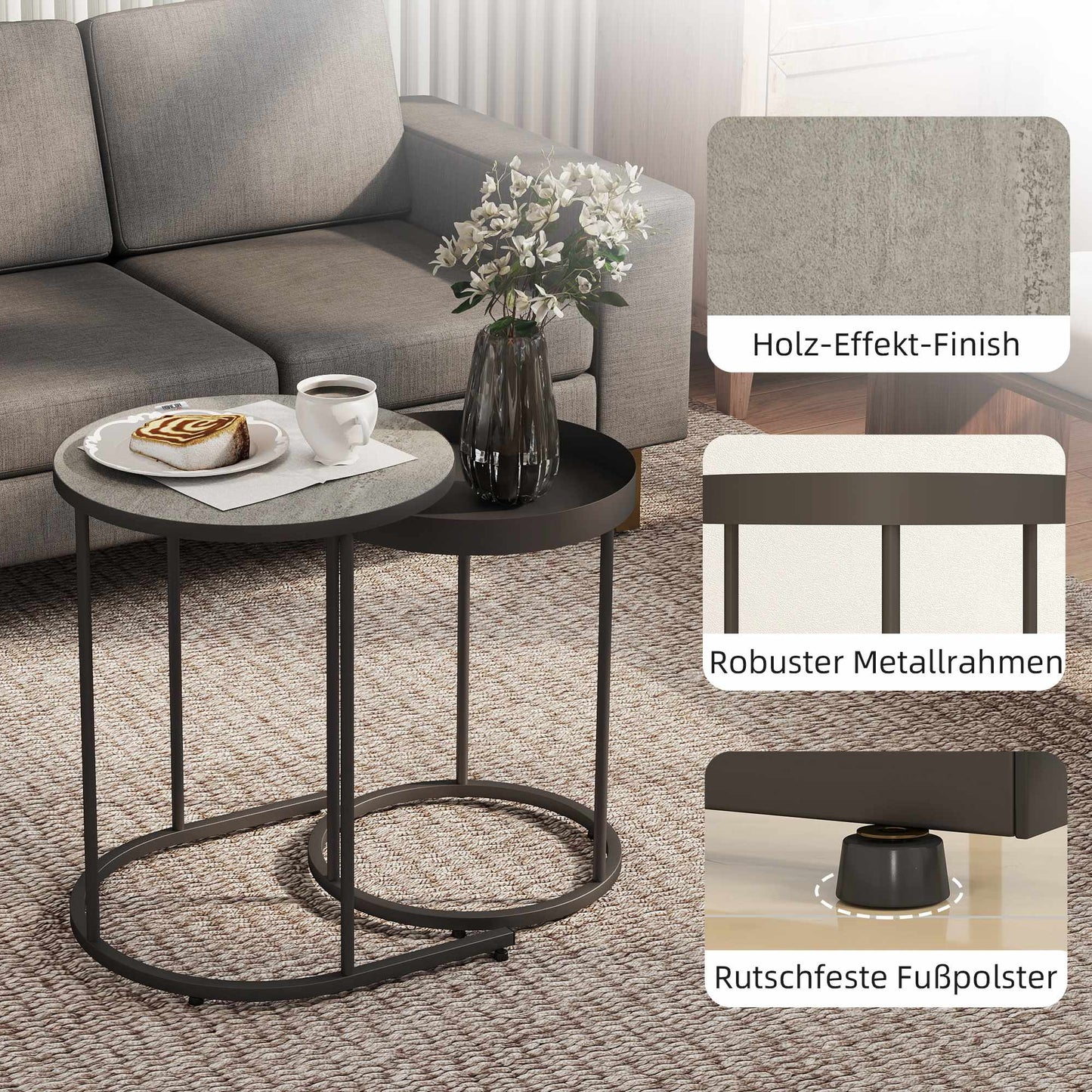 Nesting Coffee Tables Set, Metal Tray Design, Gray