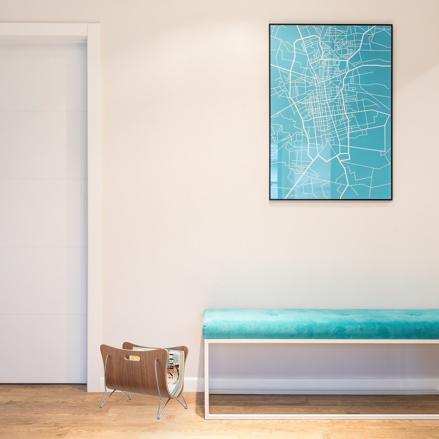 Newspaper stand in brown bent wood