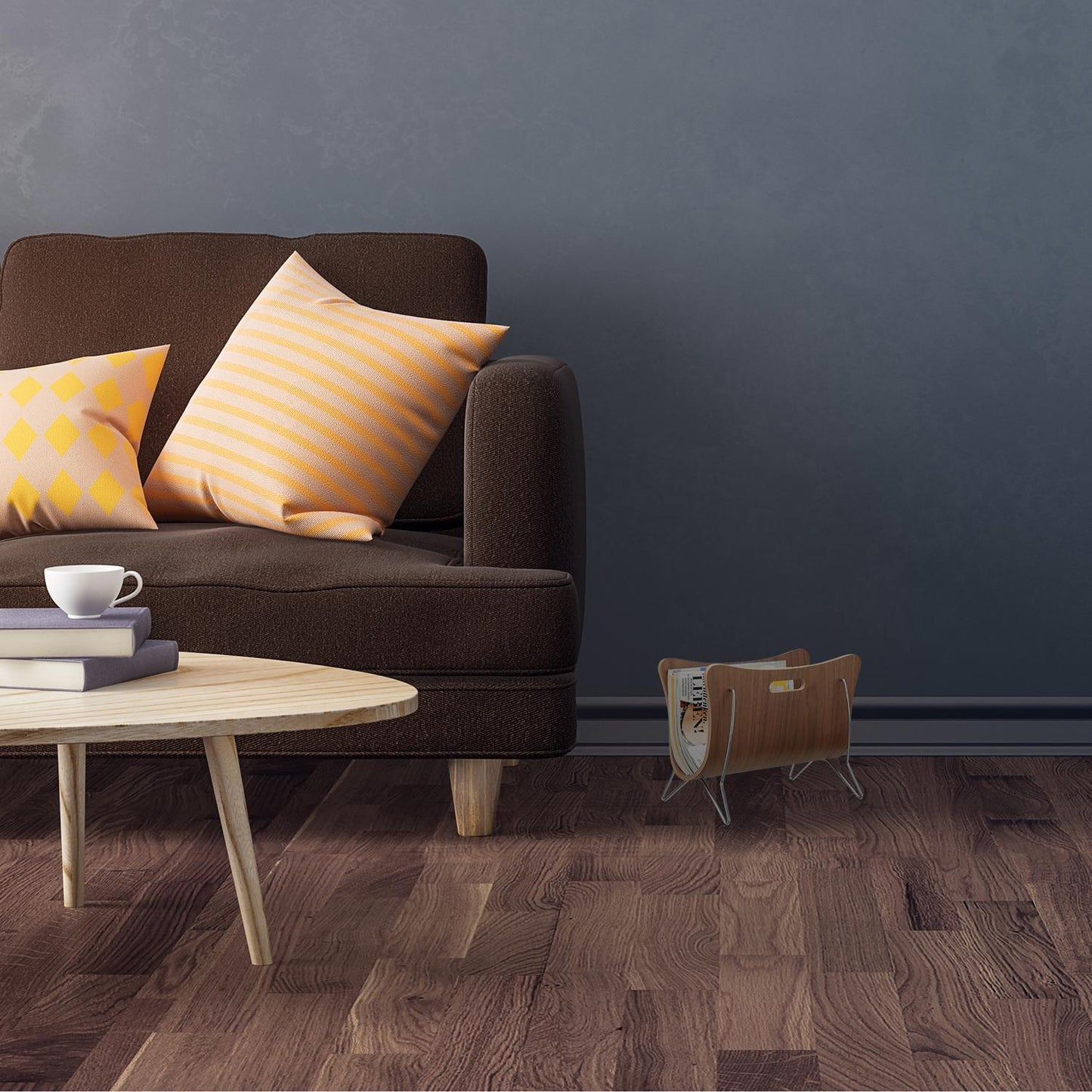 Newspaper stand in brown bent wood