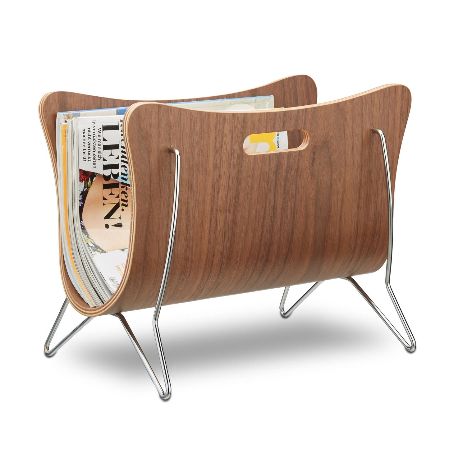 Newspaper stand in brown bent wood