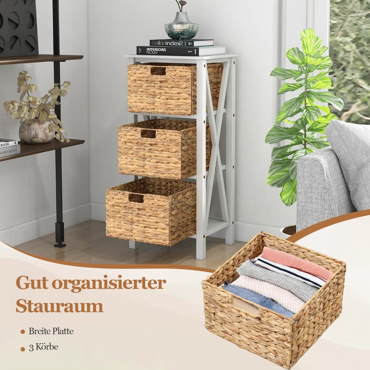 Nightstand Set with 3 Seagrass Baskets, White, 2-Piece