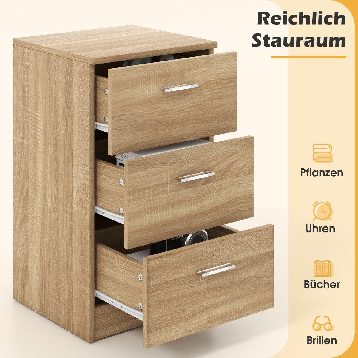 Nightstand with 3 Drawers, Compact Wood Design, 38x35x66 cm