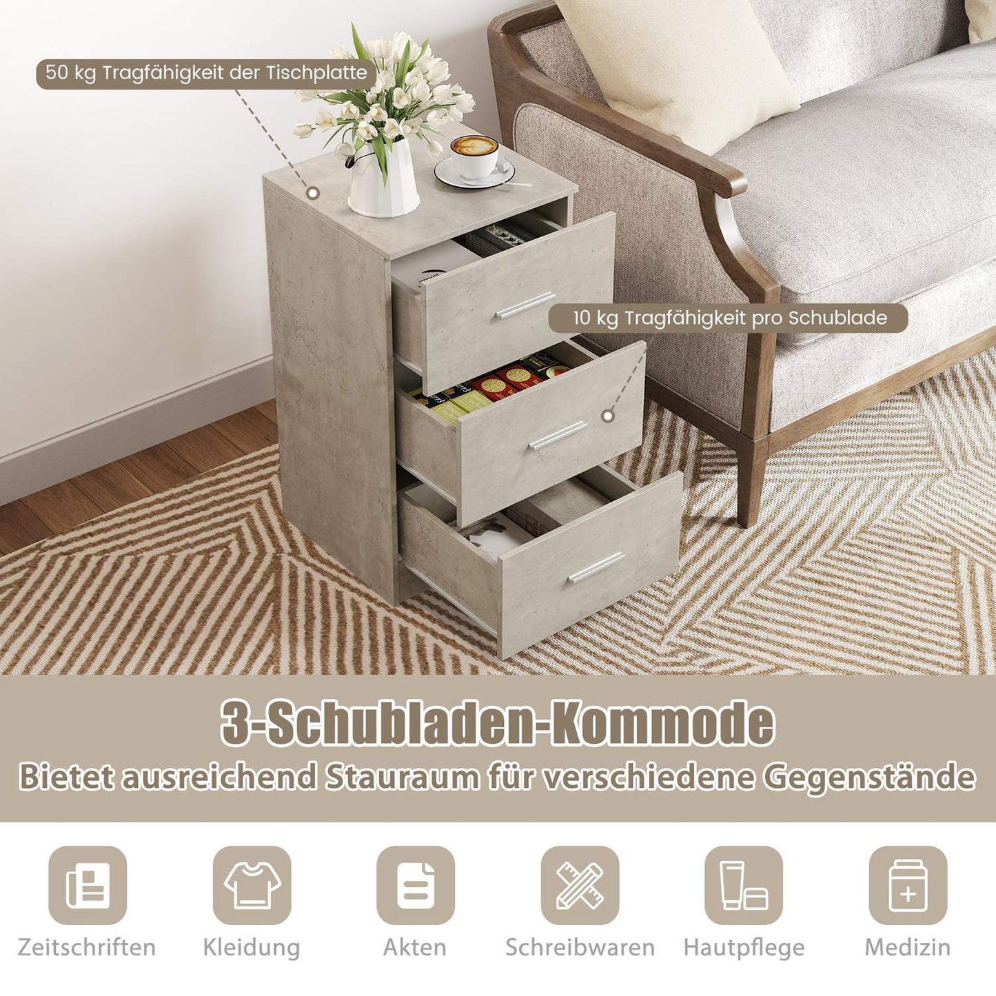 Nightstand with 3 Drawers, High Gloss, 37x34x66.5 cm, Cement Gray
