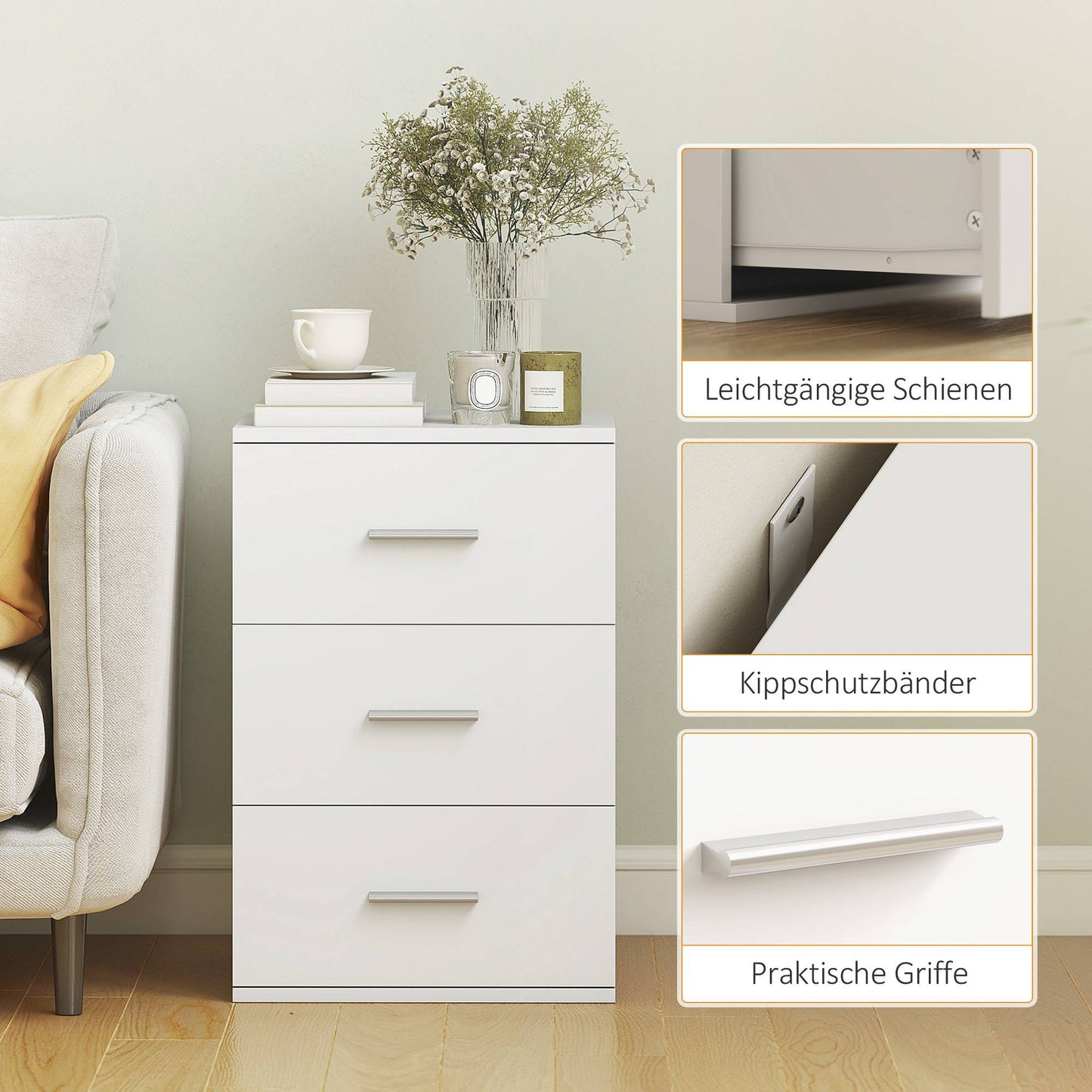 Nightstand with 3 Drawers, MDF, White, 40x35x60 cm