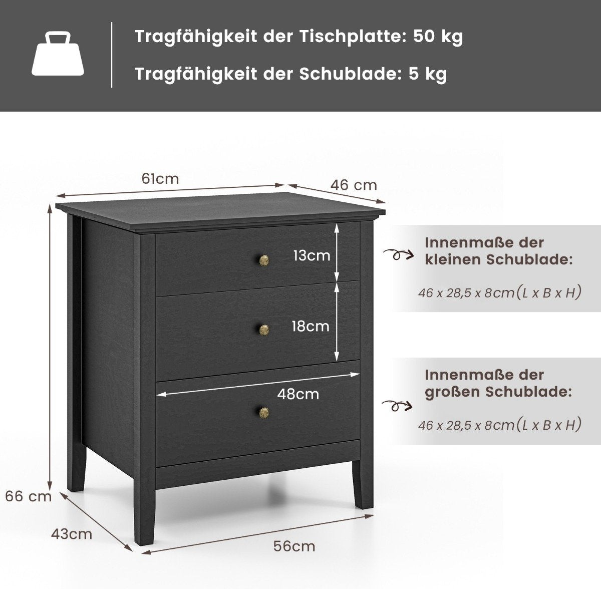 Nightstand with 3 drawers, side table, nightstand, nightstand, black