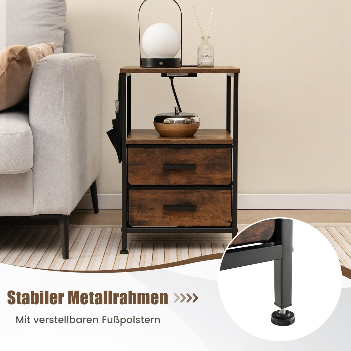 Nightstand with Charging Station, 2 Drawers, 6 Side Pockets
