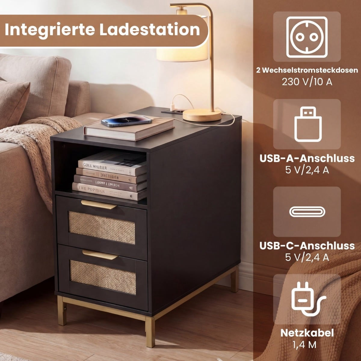 Nightstand with Charging Station, 2 Drawers, Rattan & Wood