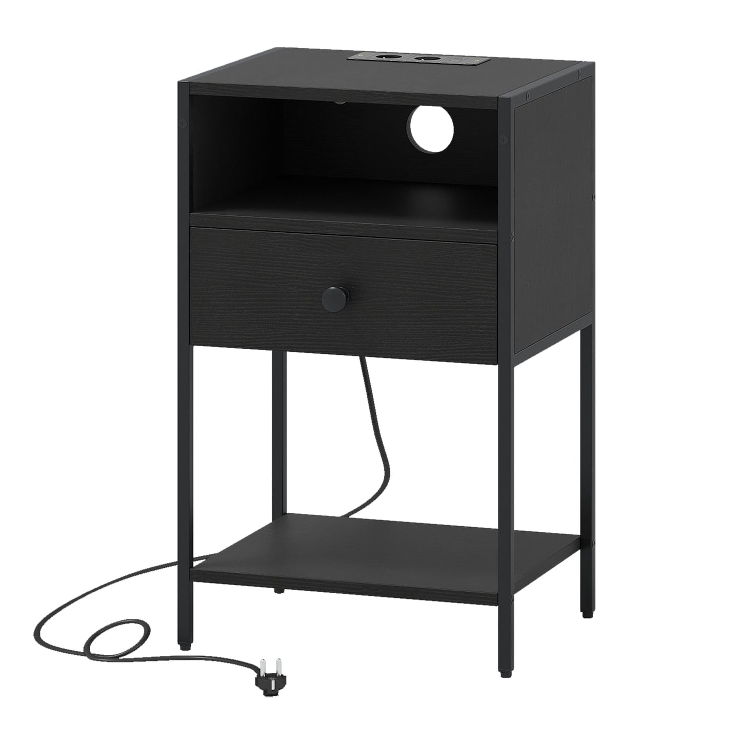 Nightstand with Charging Station, Black, USB & Type-C Ports