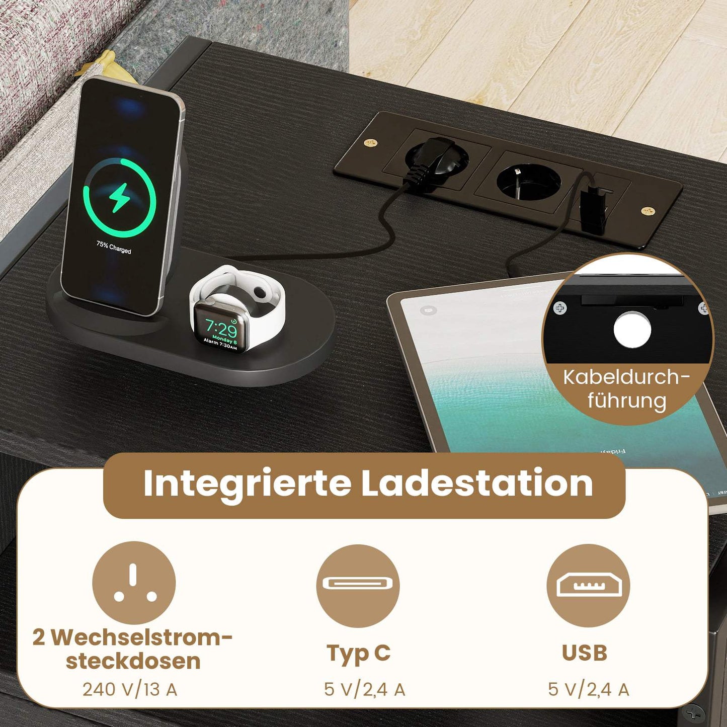 Nightstand with Charging Station, Black, USB & Type-C Ports