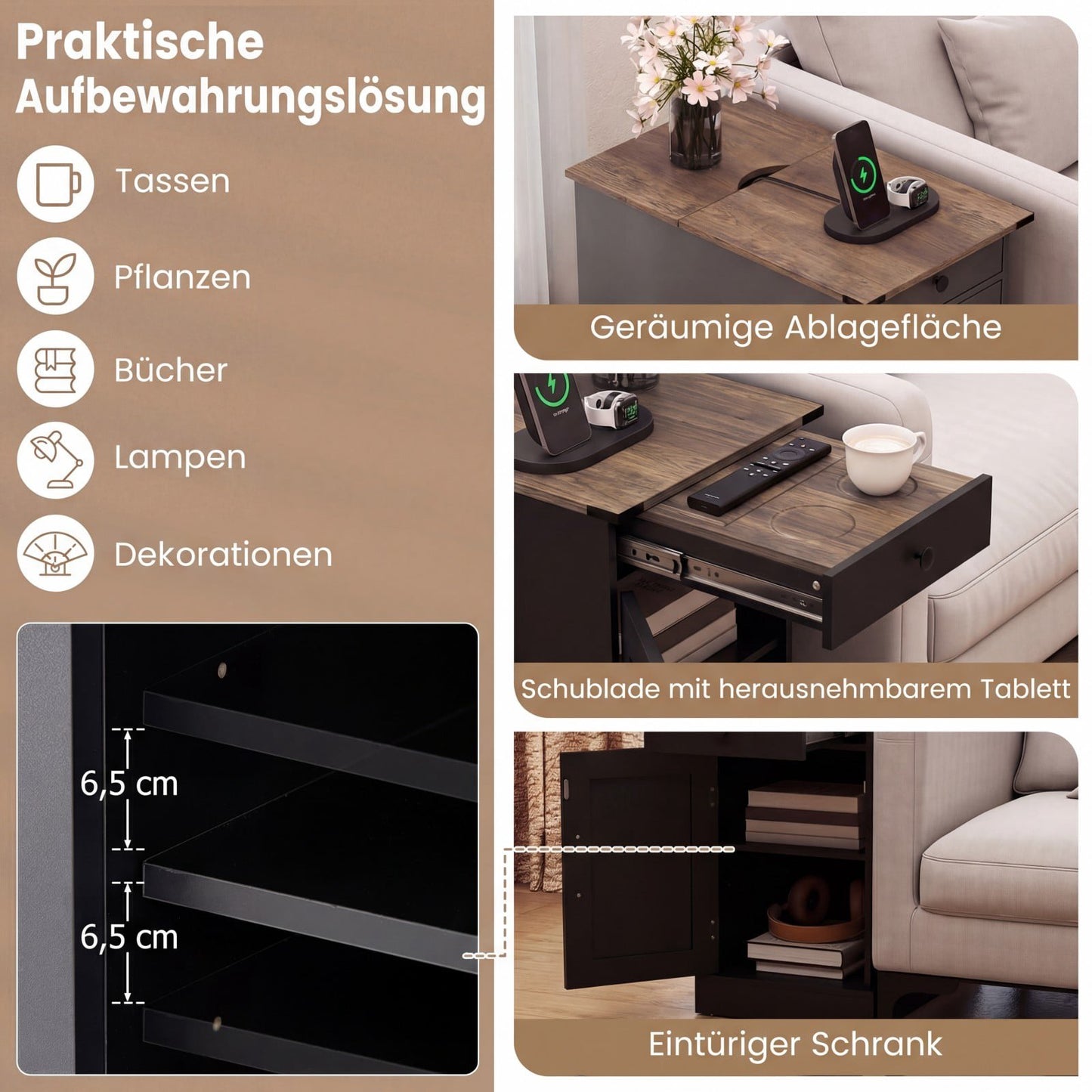 Nightstand with Charging Station, Drawer, Foldable Top, Black