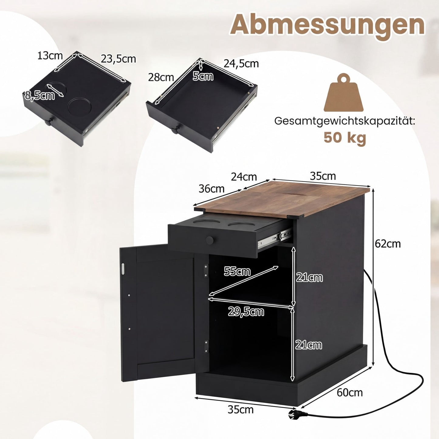 Nightstand with Charging Station, Drawer, Foldable Top, Black