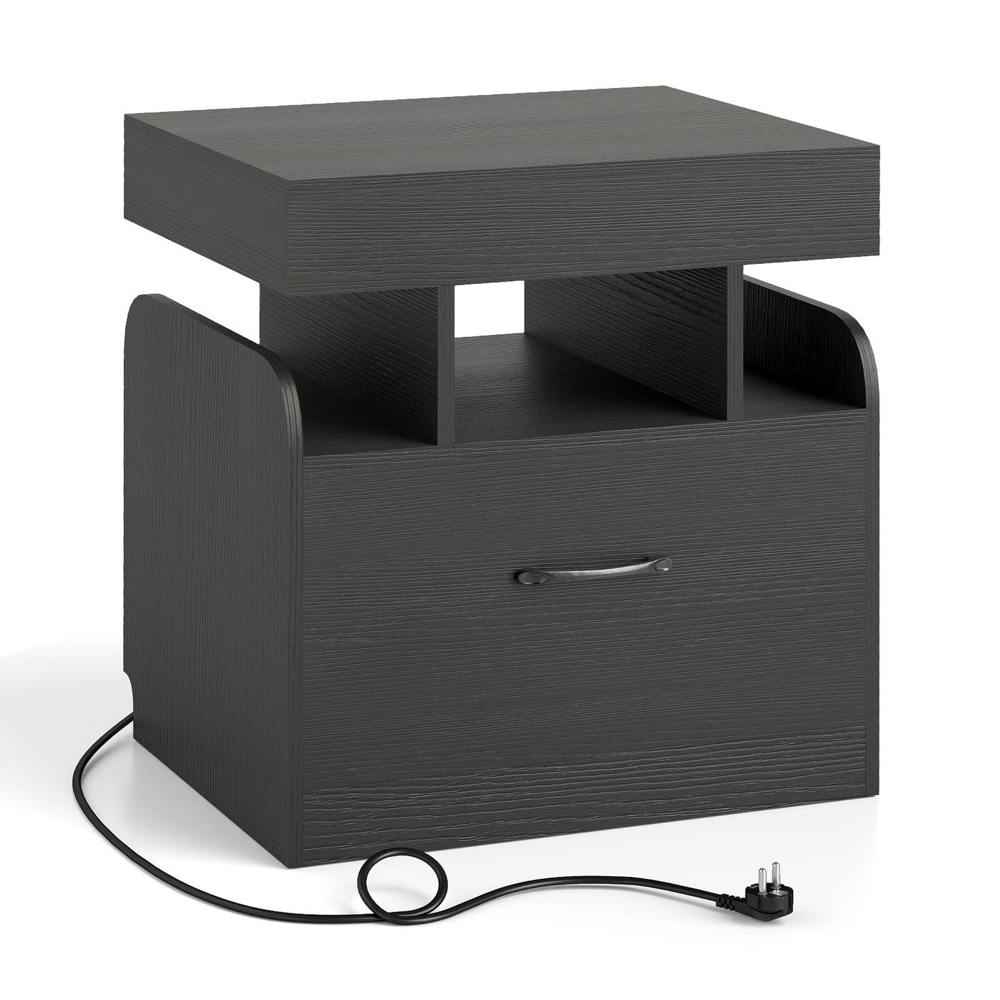 Nightstand with Charging Station, Drawer & Open Shelves, Black