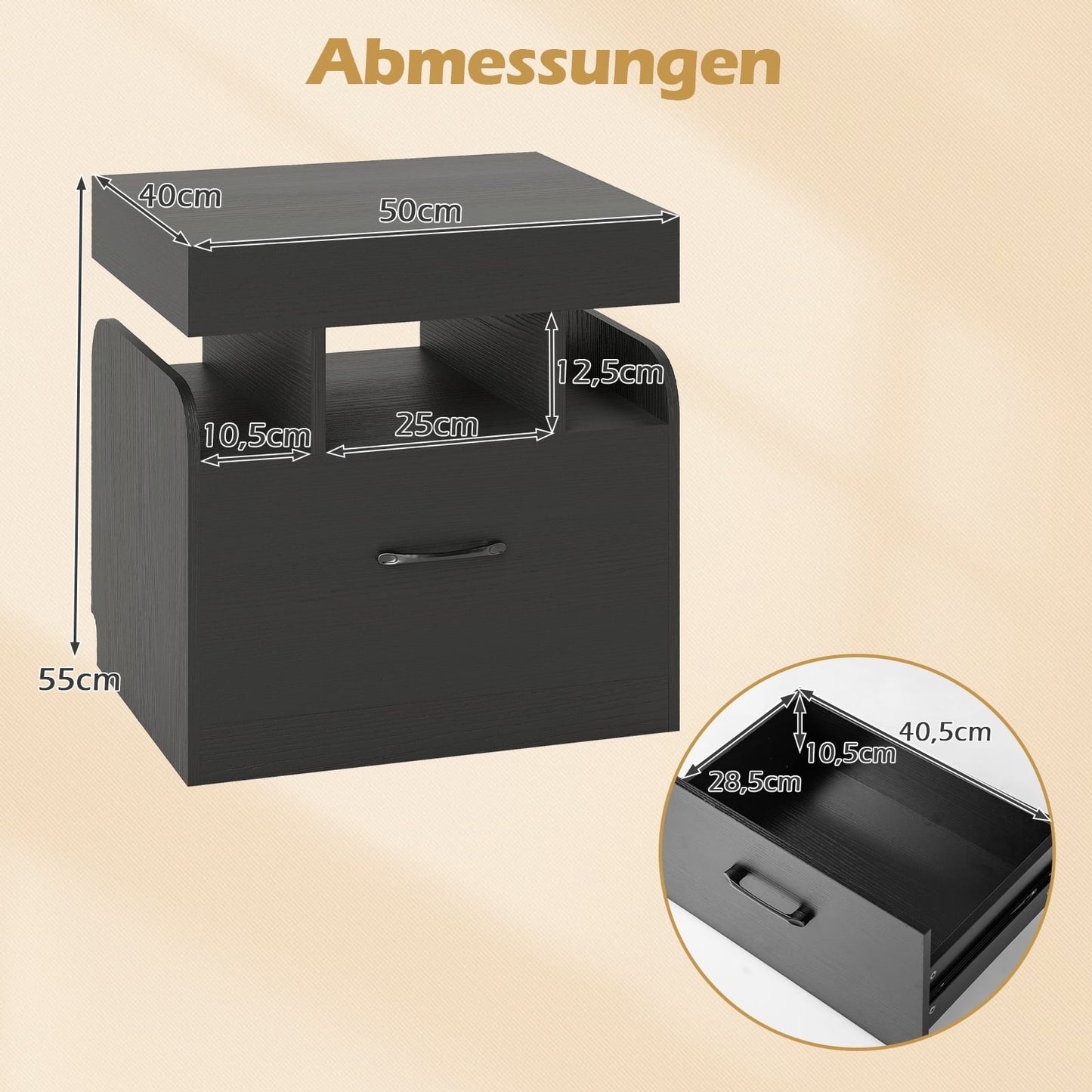 Nightstand with Charging Station, Drawer & Open Shelves, Black