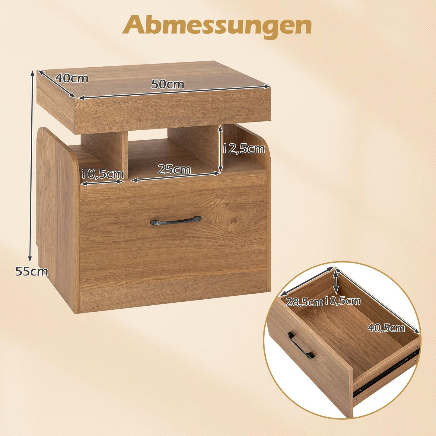 Nightstand with Charging Station, Drawer & Open Shelves