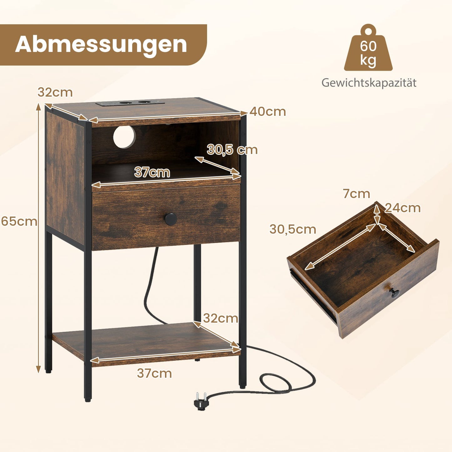 Nightstand with Charging Station, Drawer & Shelf, Rustic Brown