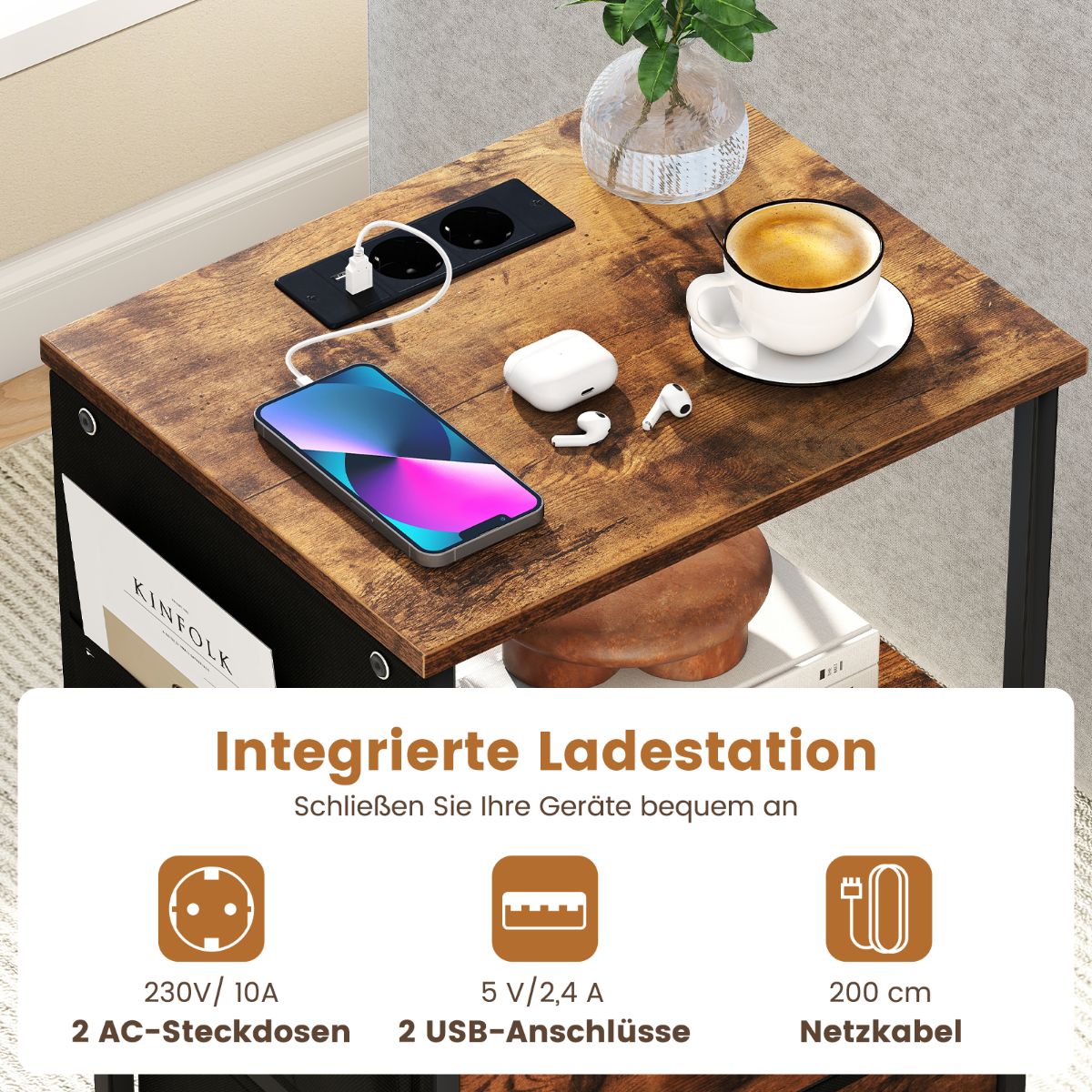 Nightstand with Charging Station, LED Lights, Storage Drawers