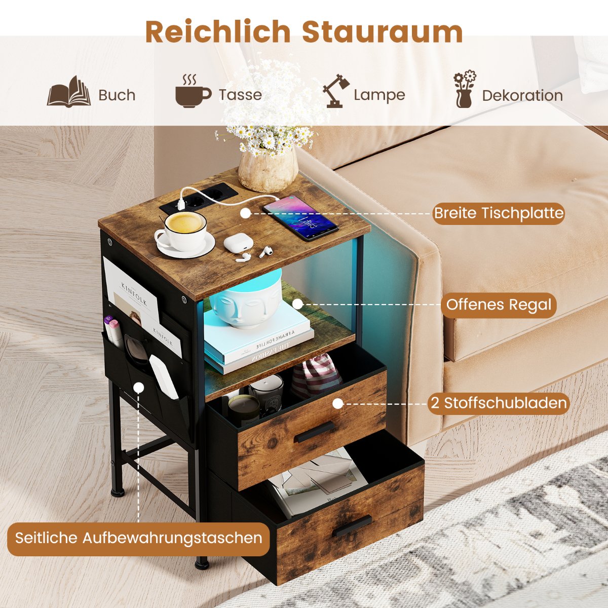 Nightstand with Charging Station, LED Lights, Storage Drawers