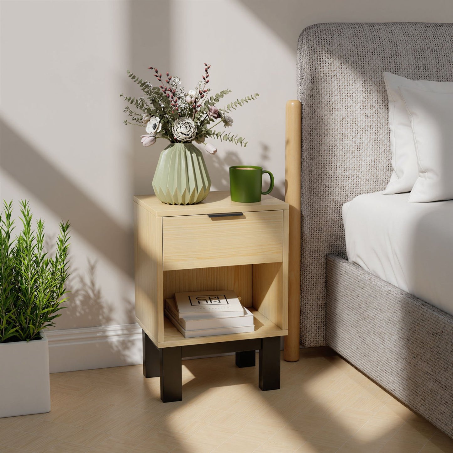 Nightstand with Drawer and Shelf, Oak, 35 x 26 x 50 cm