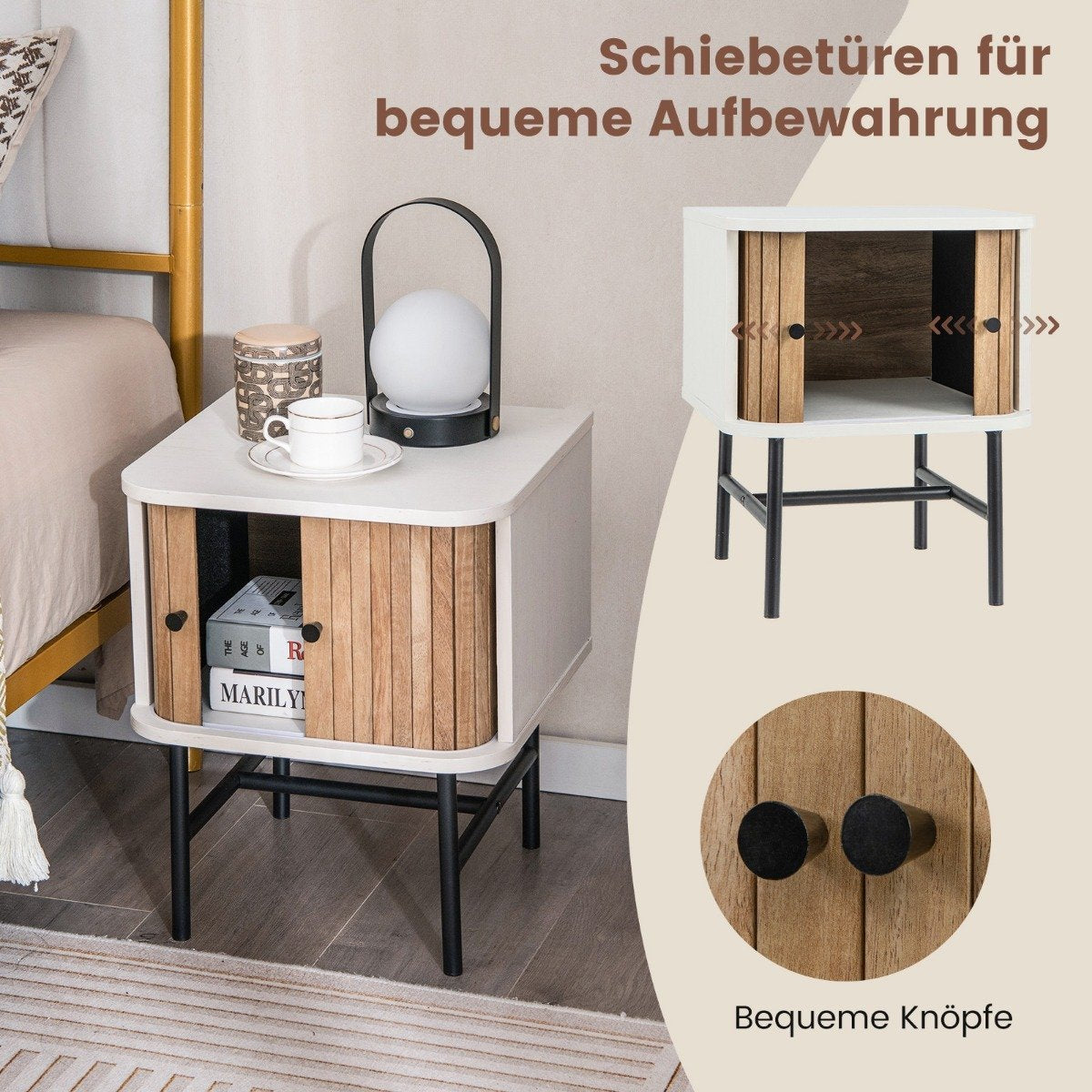 Nightstand with Sliding Doors, Storage 40x39x49 cm, White