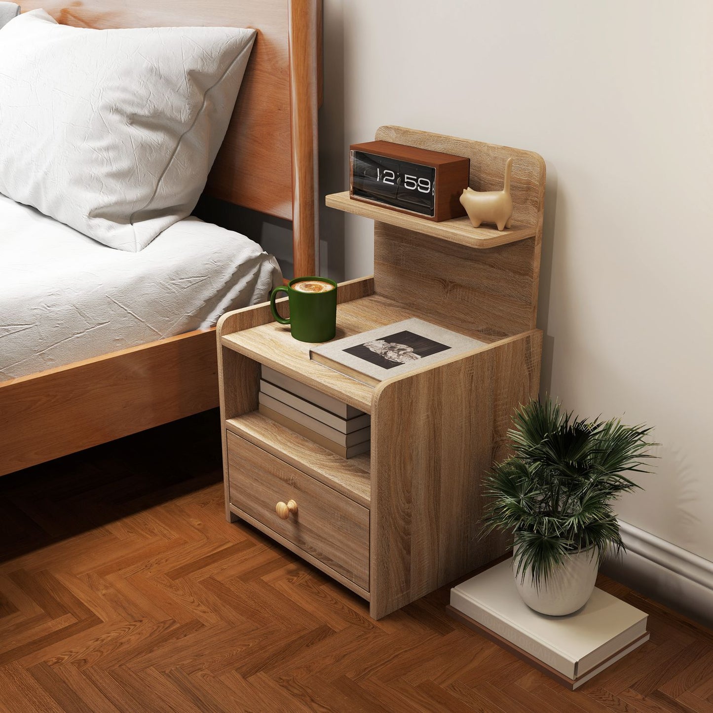 Nightstand with Storage, Chipboard, Tip-Resistant, Natural Wood